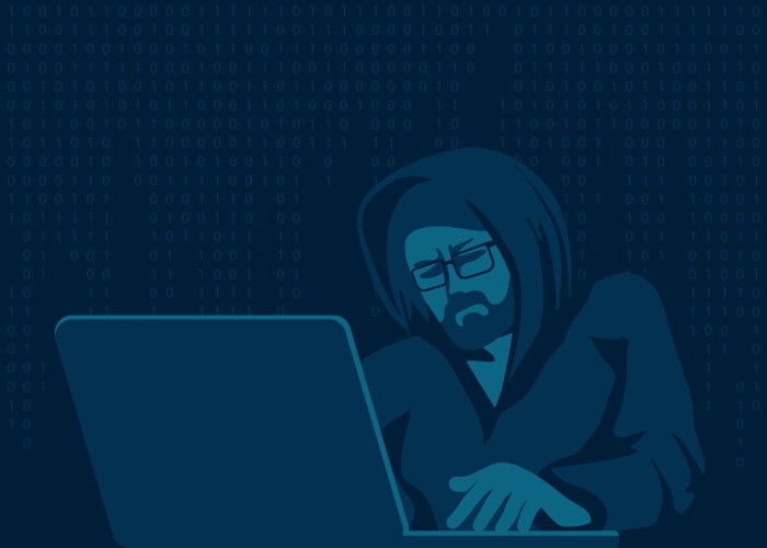 A hacker with laptop breaks computer code vector image