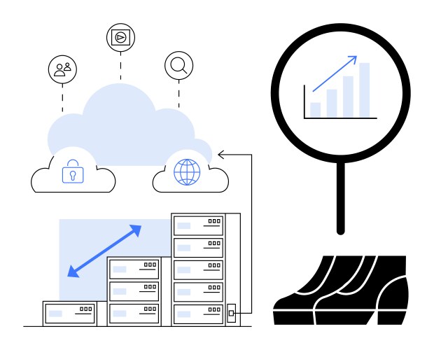 Cloud computing with data analysis magnifying vector image
