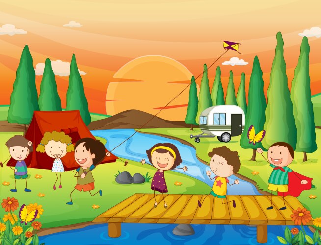 Kids camping Royalty Free Vector Image - VectorStock