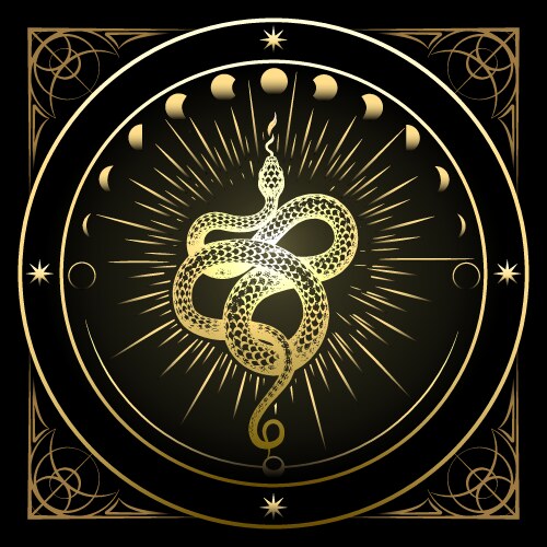 Golden Snake & Lunar Phases - Astrology Emblem Vector Image