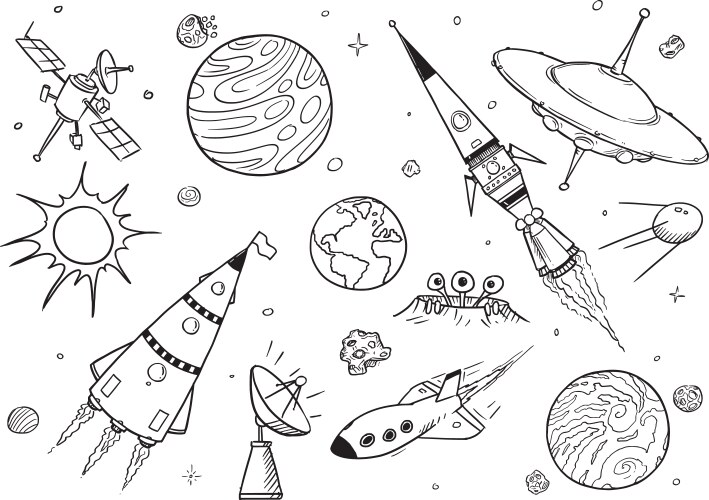 Cartoon Space Ships & Aliens Vector Image