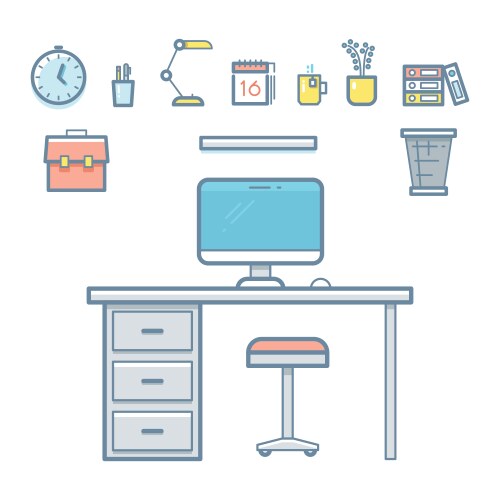 Office workspace objects in linear style vector image