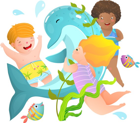 Three children playing swimming with wild dolphin Vector Image