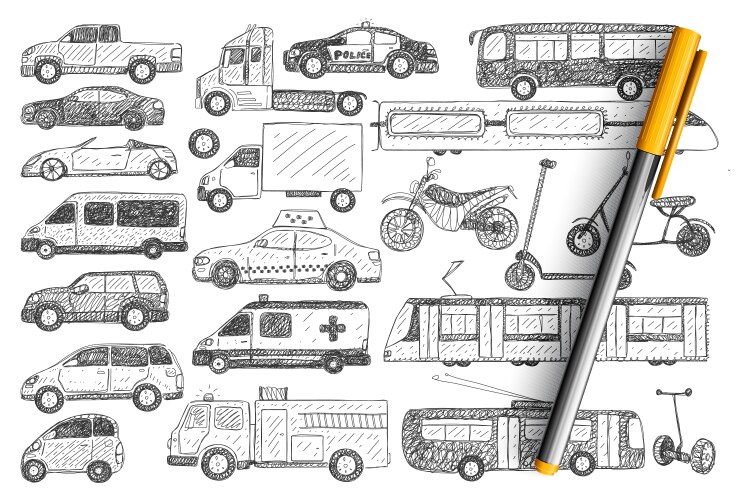 Types vehicles doodle set Vector Image