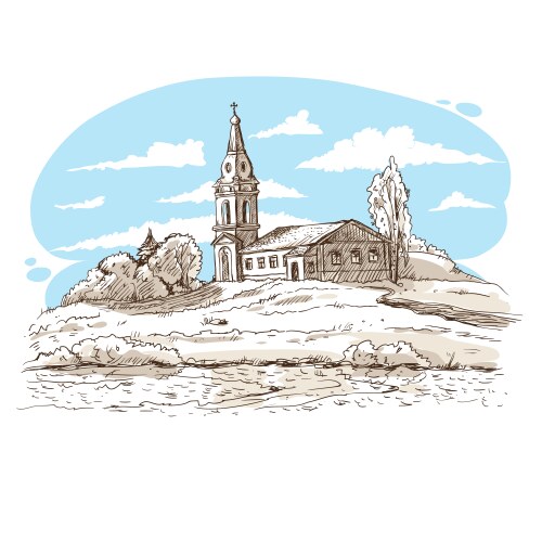 Russian Village Church by the River Vector Image