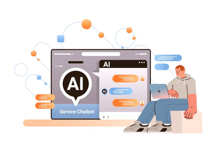 Man having dialog with chat bot asking questions vektorbild