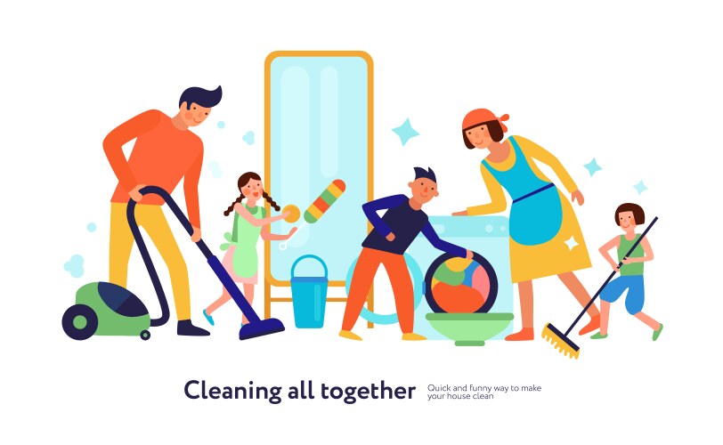 cleaning kids helping parents vector