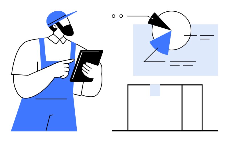 Worker analyzing data on tablet while reviewing vector image