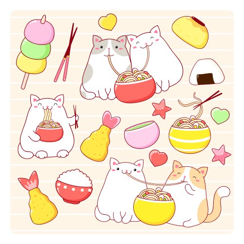 Cute Fat Cats Eating Ramen Vector Image