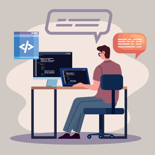 Programmer computers in workplace vector image