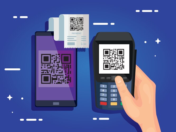 Hand using dataphone with scan code qr vector image