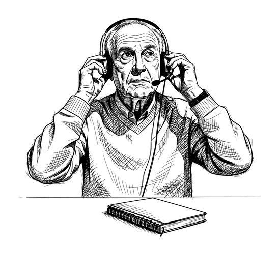 Elderly man with headset and notebook sketch Vector Image