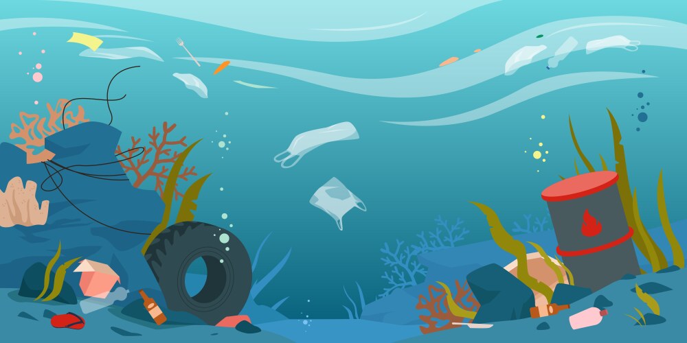 Cartoon dirty underwater landscape with pollution vector image