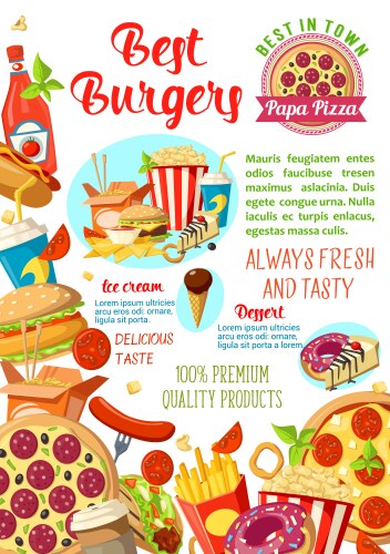 Fast food restaurant burger cafe pizzeria poster vector image