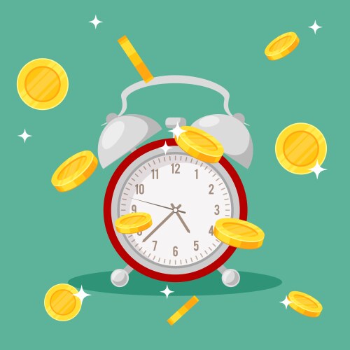 Clock with falling coins red retro alarm vector image