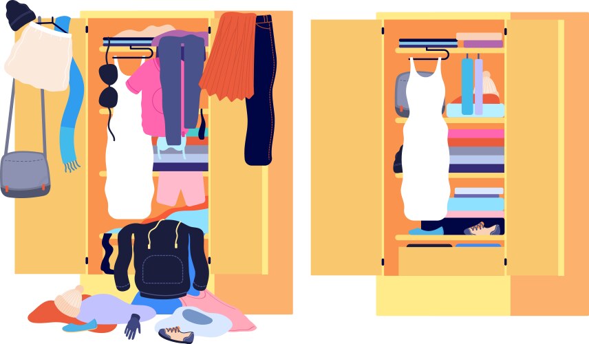Before untidy and after tidy wardrobe messy Vector Image
