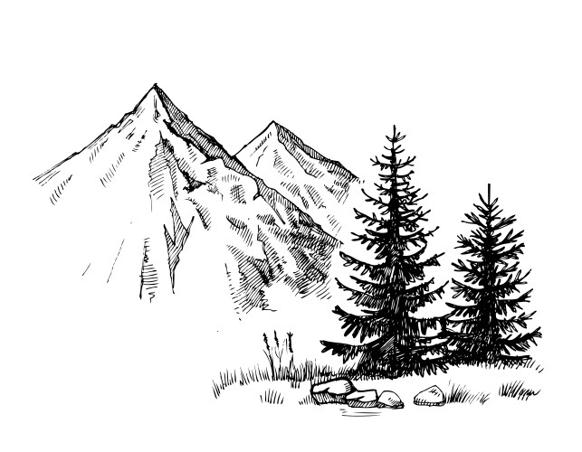 Mountains landscape sketch river flow Royalty Free Vector
