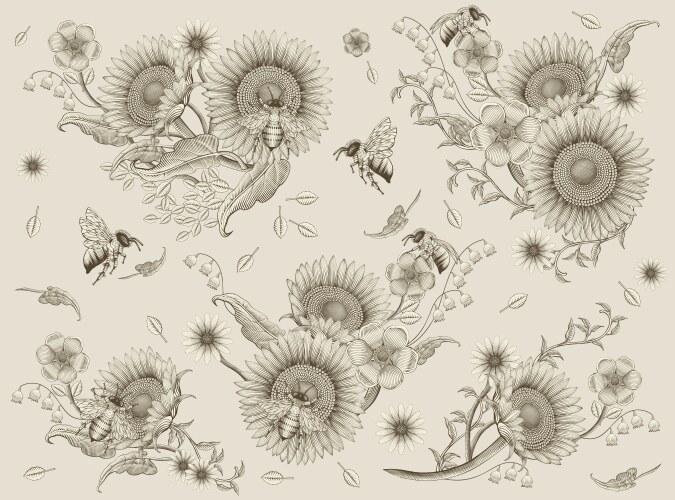 Honey Bees & Floral Elements Vector Image