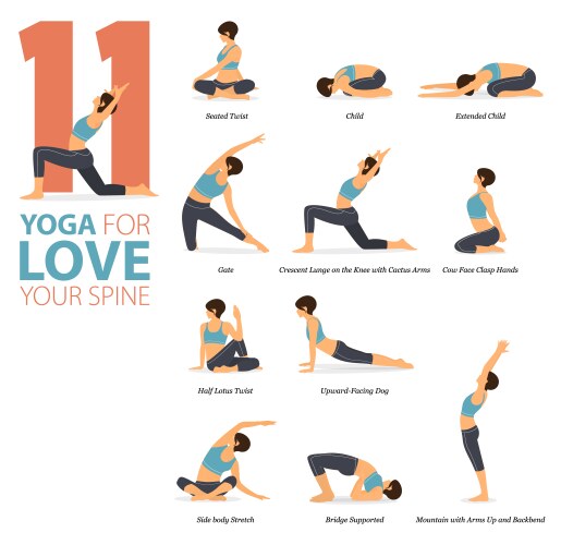 11 yoga poses for love your spine concept vector image