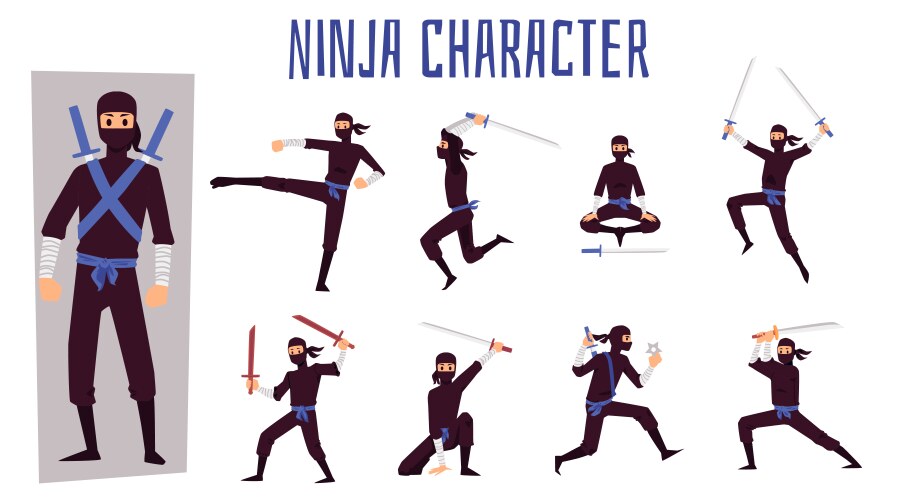 Different poses of ninja fighter in black cloth Vector Image