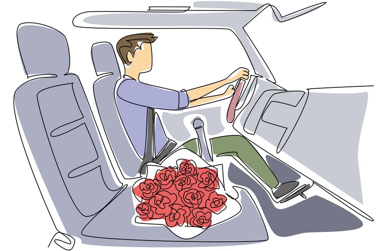 Single Line Car with Roses Vector Image