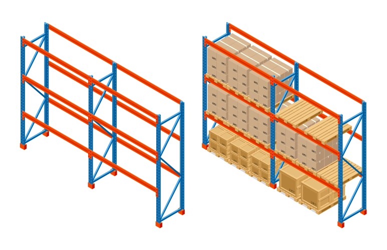 Warehouse racks loaded with boxes and crates Vector Image