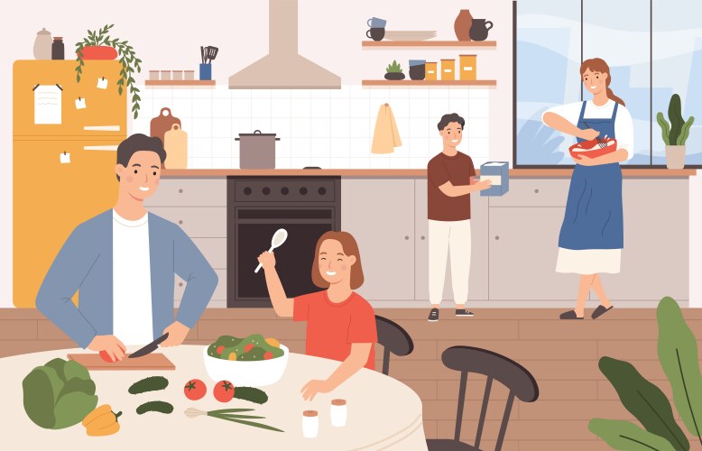 family cooking together happy parents vector