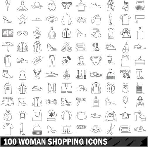 100 woman shopping icons set outline style vector