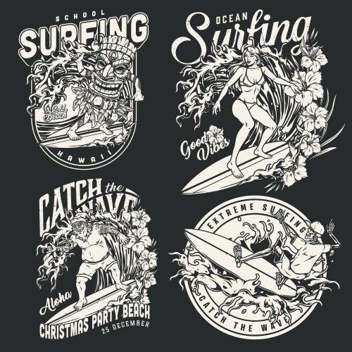 Hawaii surfing vintage monochrome labels vector image