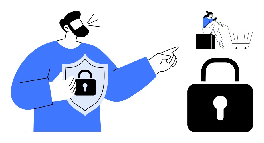 Man holding shield with lock symbol large padlock vector image
