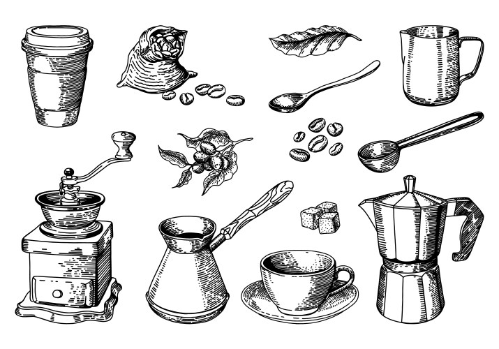 Coffee Sketch Set - Grinders & Cups Vector Image