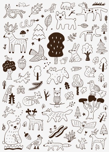 Cute Forest Animals Doodle Set Vector Image
