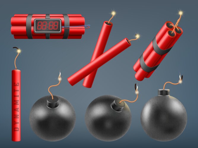 realistic bombs burning dynamite bomb sticks vector image