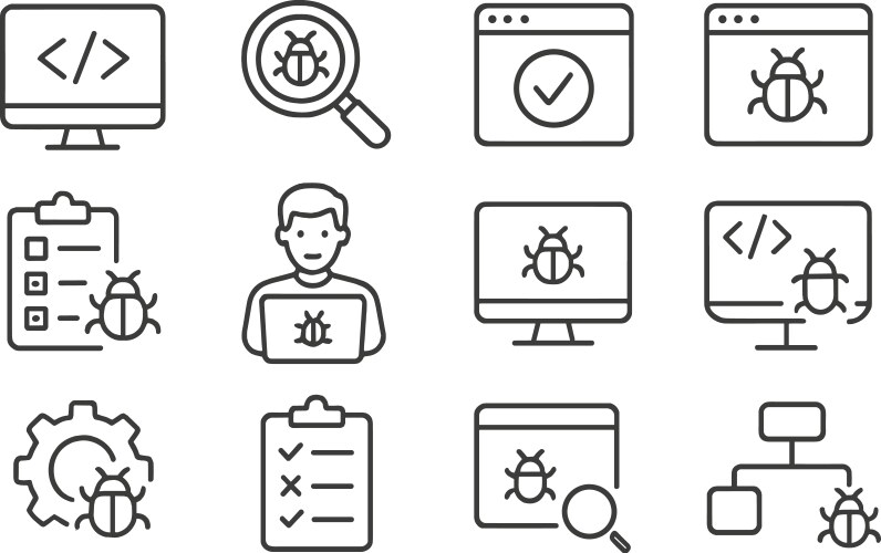 Collection of bug tracking and debugging icons vector image