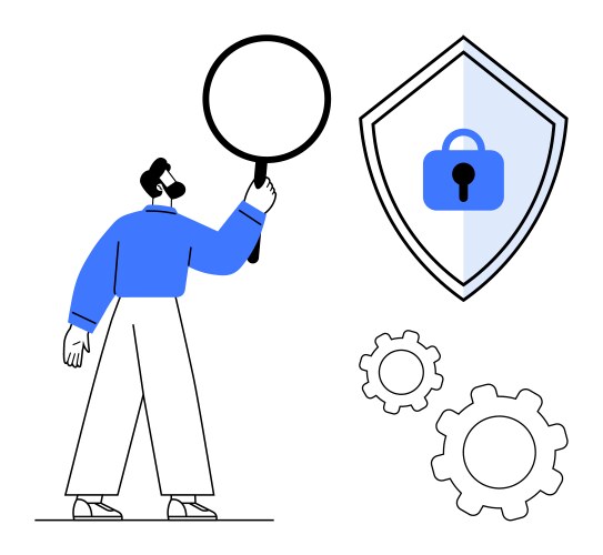 Man analyzing digital security with a magnifying vector image