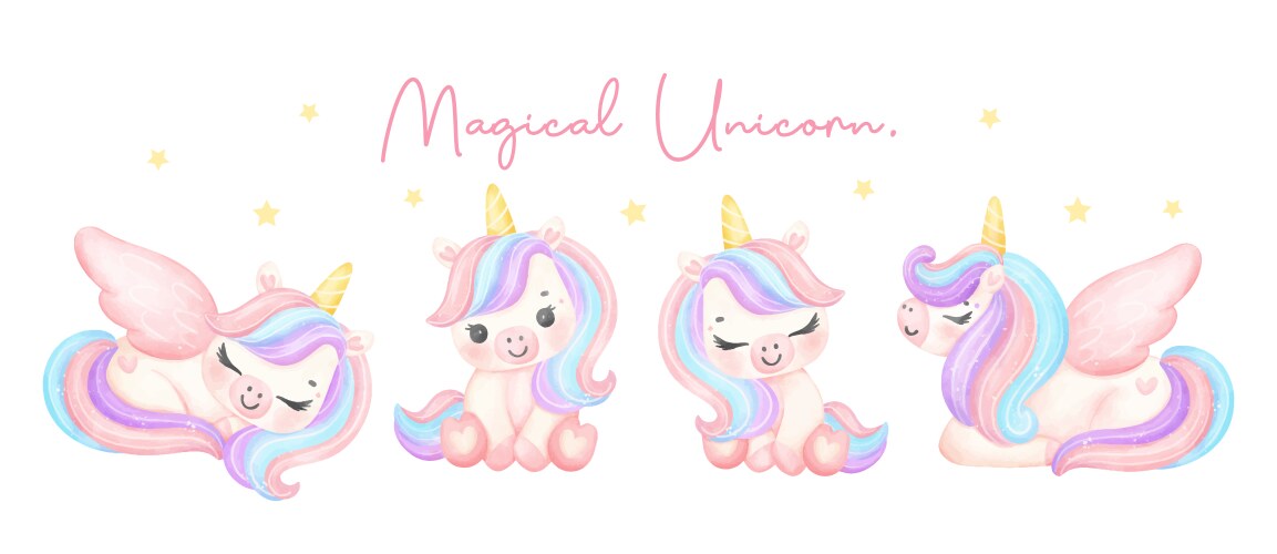 Group of cute unicorns watercolor banner dreamy Vector Image