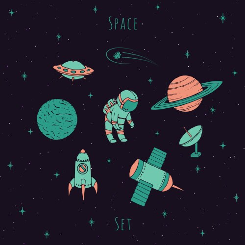 Cosmic Space Set - Astronauts & Planets Vector Image