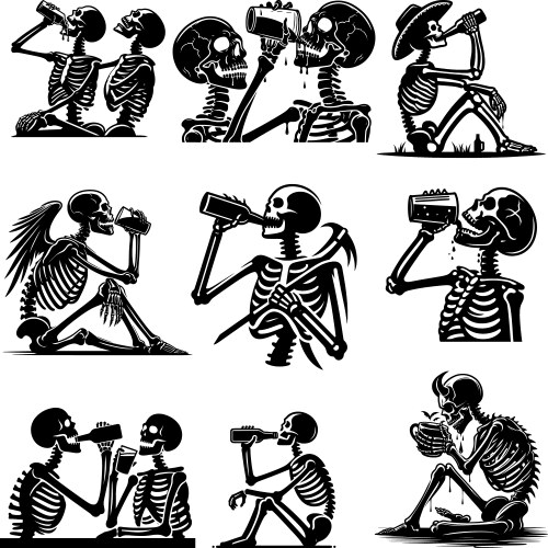 Funny drinking skeleton skull svg files bundle Vector Image