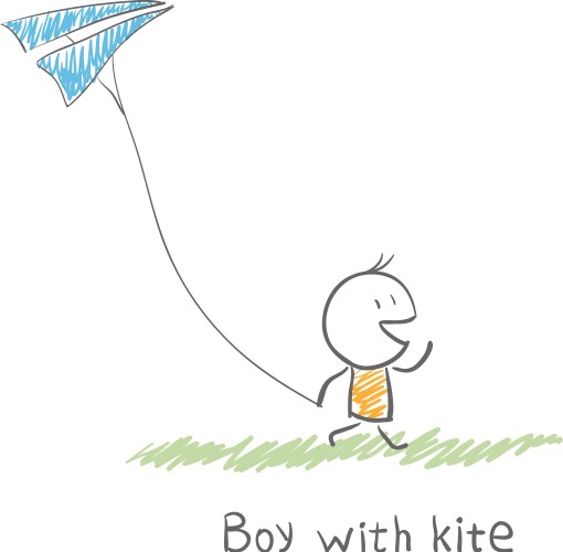 Spring boy flying a kite isolated coloring page Vector Image