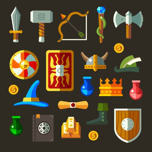 Cartoon fantasy weapons icons set Royalty Free Vector Image
