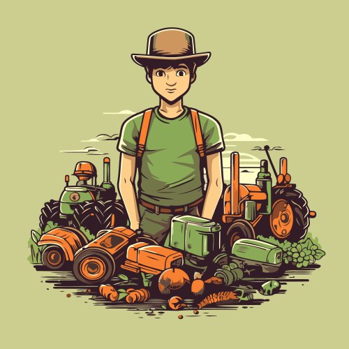 Cute cartoon farmer with tractor Royalty Free Vector Image