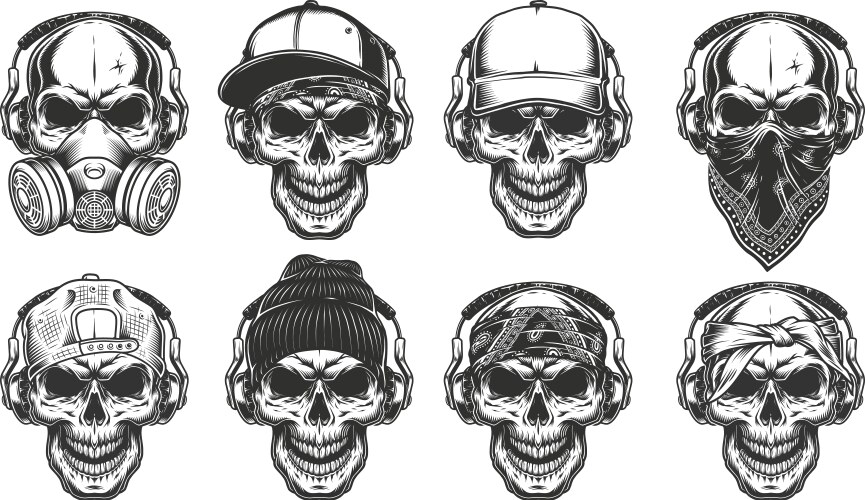 Hipster Skull Set with Headphones Vector Image