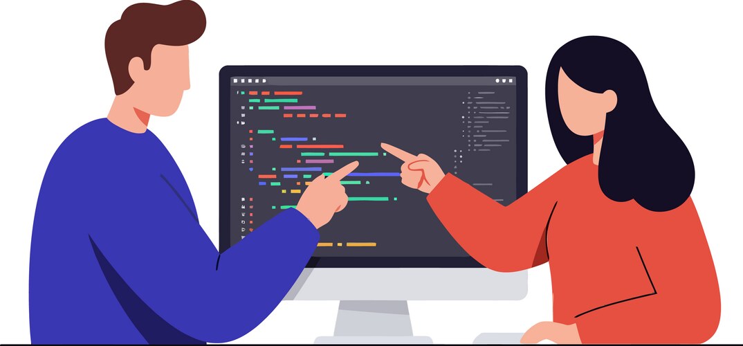 Two Programmers Collaborating on Code vector image