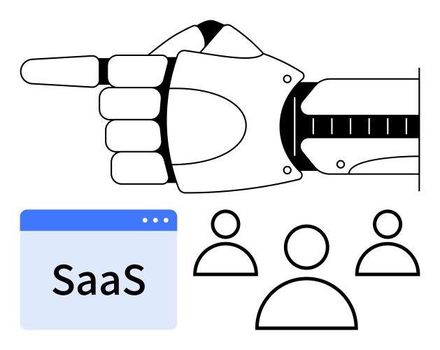 Robotic hand pointing towards saas model with user vector image