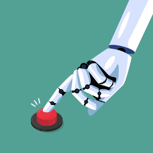 robot hand pressing the red button vector image