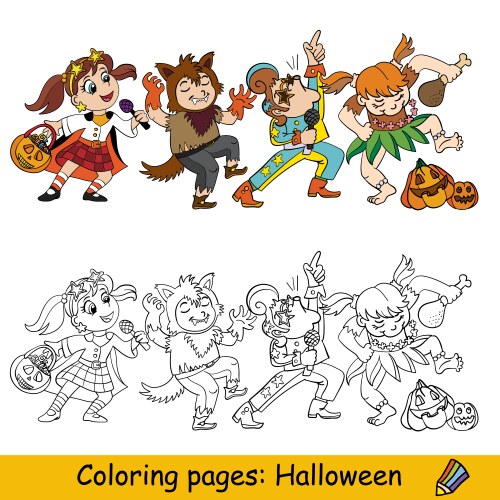 Halloween Kids Dancing - Coloring Page Vector Image