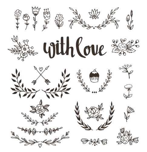 Hand drawn floral set with leaves flowers Vector Image