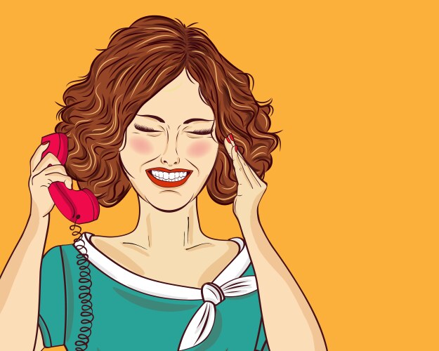 amused pop art woman chatting on retro phone vector