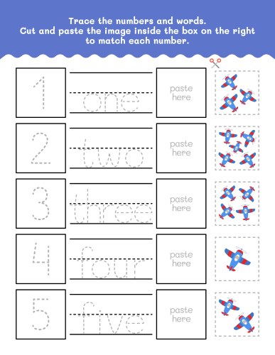 one to five number and word tracing worksheet vector image