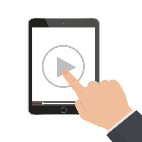 hand pointing to play button on a tablet computer vector image